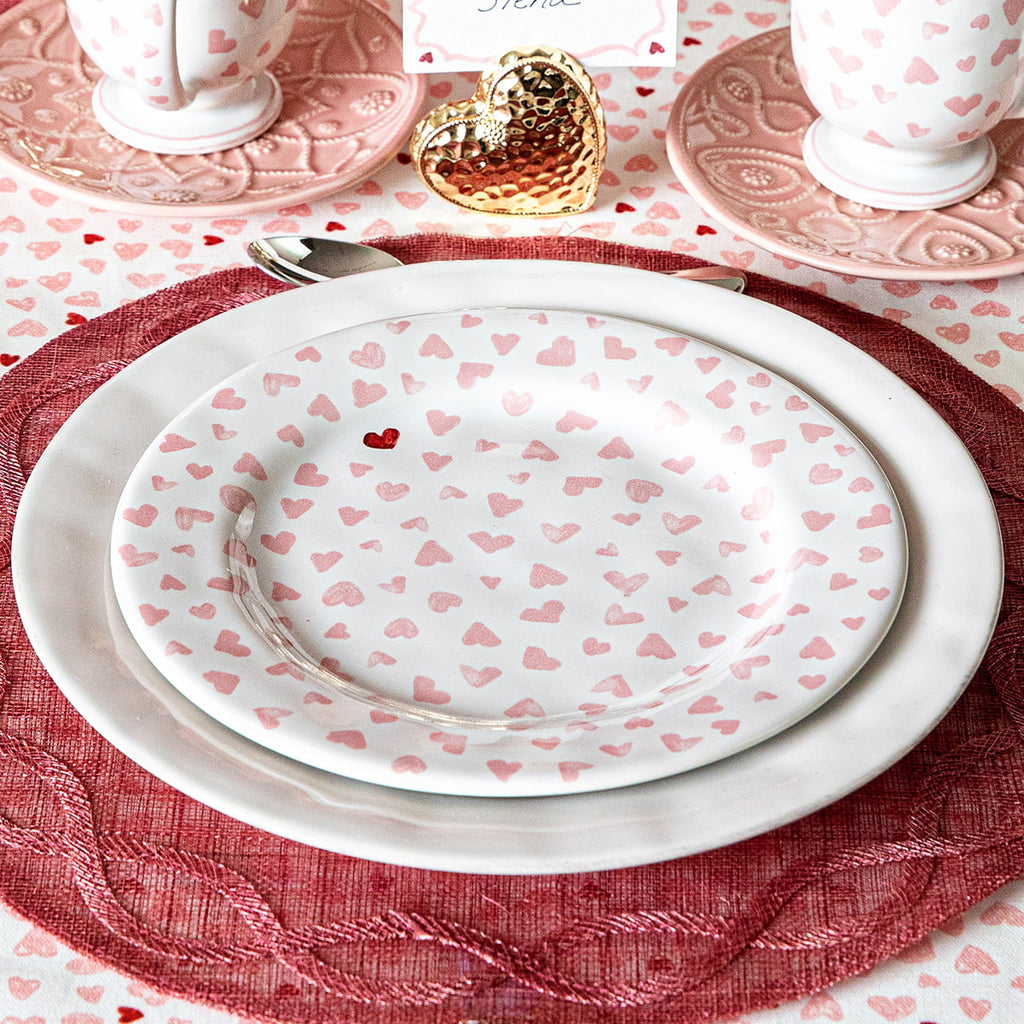 Love You More collection featuring pink hearts on the plates and mugs