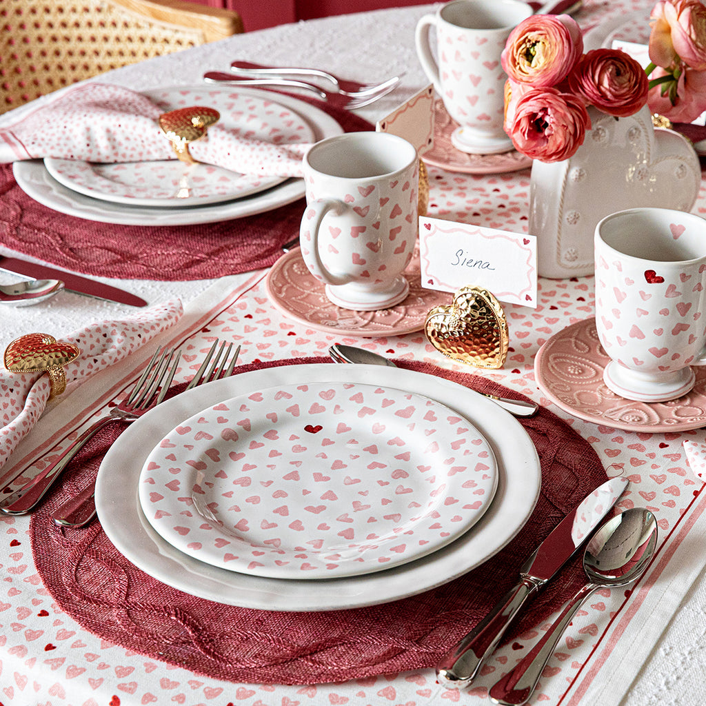 Love You More plates and linens with pink Jardin Du Monde plates within a tablescape